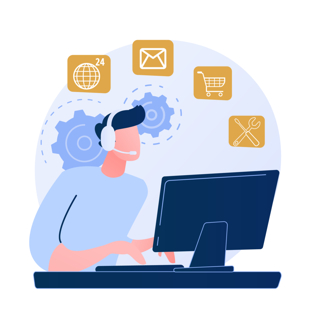 Drawing of a man using the computer while working. Icons of the world, e-mail, shopping cart and tools are displayed. N2devs. Sap consulting